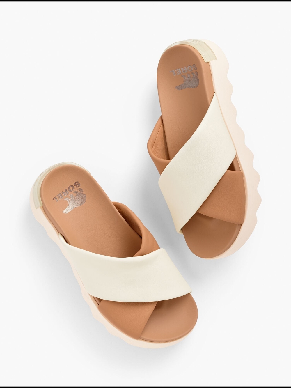 Sorel Crisscross Platform Slide Sandals in Cream and Tan